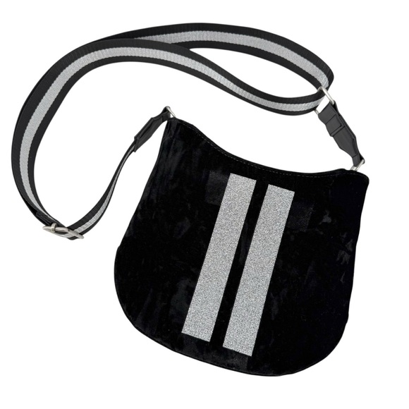 Koala Kanvas Black Velvet Crossbody Bag Silver Stripe Medium Adjustable Zipper - Picture 9 of 9